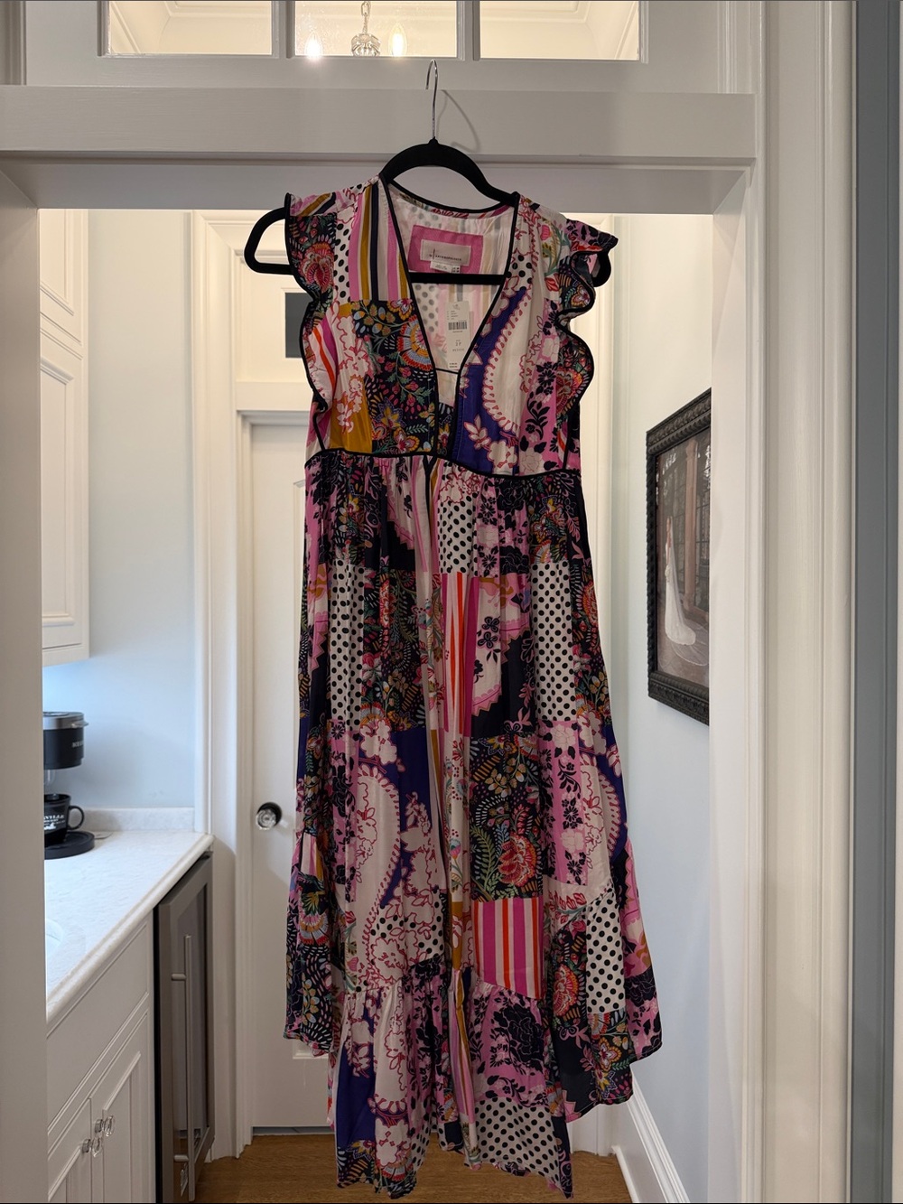 Anthropologie Floral Patchwork Ruffle Sleeve Midi Dress - Pink Multi